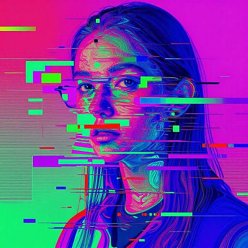 Digital art of a woman with long hair, neon pink, blue, and green pixelated lines over her face against a vibrant pink background. Glitch
