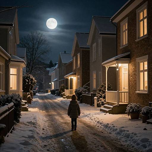 Photograph of a snowy suburban street at night, illuminated by moonlight and warm house lights, with a lone person in a coat walking away.