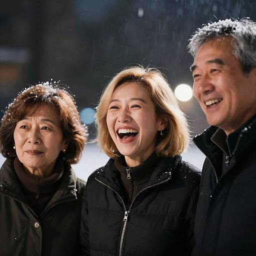 Joyful Nighttime Gathering with Snowfall