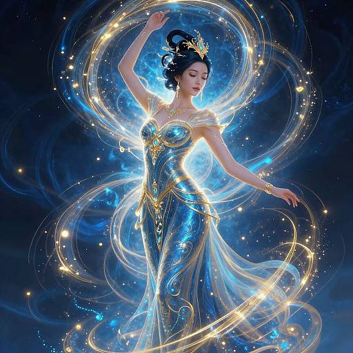 Digital artwork of a beautiful Asian woman in a shimmering blue gown, adorned with gold accents, dancing amidst glowing, swirling light trails against a dark,