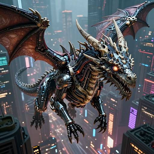 Digital CGI of a metallic, cyber-dragon soaring through a futuristic cityscape with neon-lit skyscrapers, glowing lights, and dark, towering