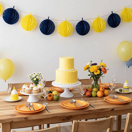Photograph of a festive wooden table with yellow and blue paper pom-poms, yellow cake, orange plates, fruit, cupcakes, and sunflowers.