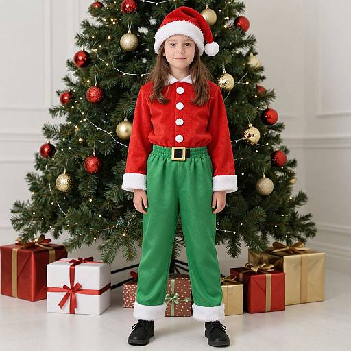 Photograph of a young girl in a red velvet Santa outfit with green pants, standing in front of a decorated Christmas tree with wrapped gifts.