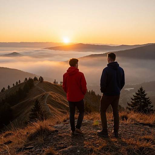 Photograph of two men in red and blue jackets standing on a grassy hill, watching a sunlit, misty sunrise over rolling mountains and dense