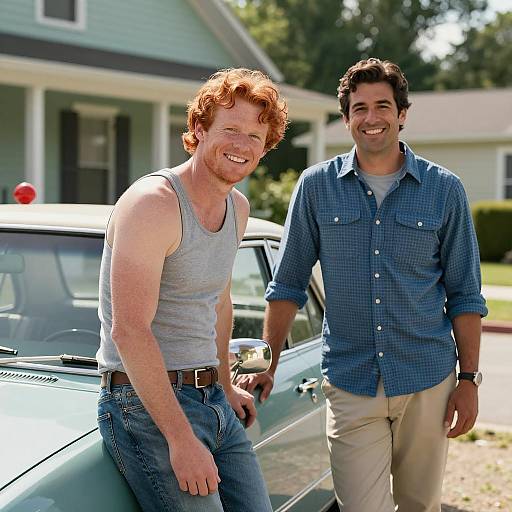 Joyful Moment by the Old Car