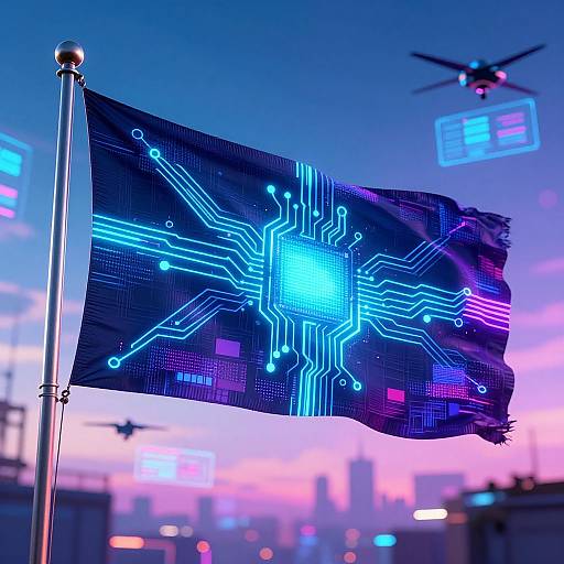 Cyberpunk Flag with Glowing Circuits