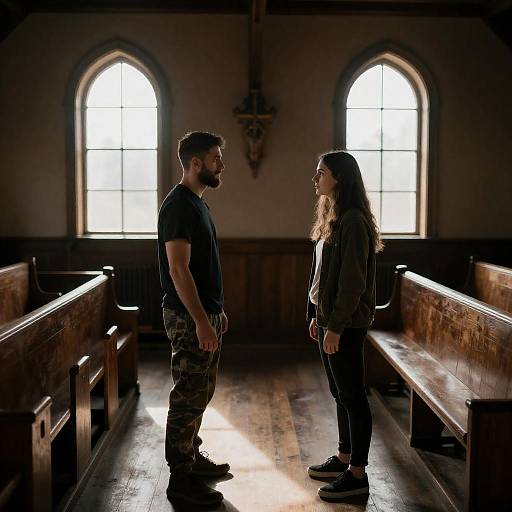 Dimly Lit Wooden Church Encounter