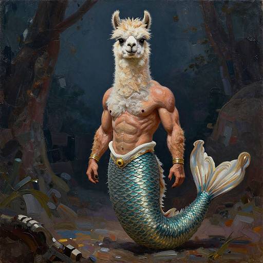 Digital artwork of a muscular, anthropomorphic llama-mermaid with a blue, scaly tail, white fur, and golden bracelets, standing in a