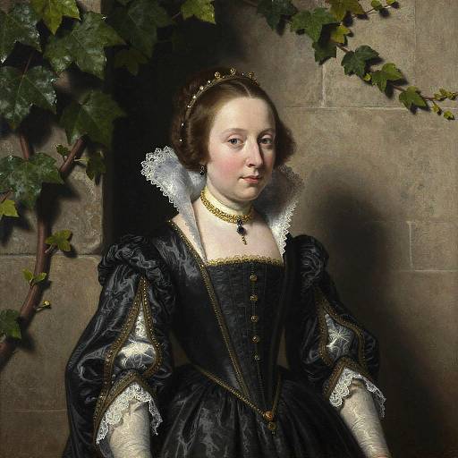 17th-century portrait of a fair-skinned woman in black lace dress, white lace collar, gold necklace, brown hair, vine background.