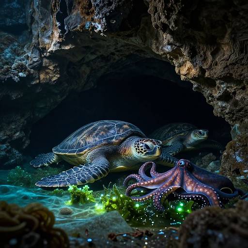 Photograph of a turtle with glowing green bioluminescence, a purple octopus, and rocky cave, illuminated by underwater lights.