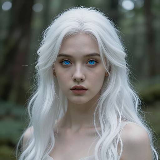 Digital artwork of a pale-skinned, blue-eyed woman with long, white, wavy hair, standing in a blurred, dark forest background.