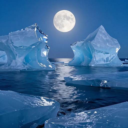 Photograph of glowing blue icebergs under a bright full moon, reflecting on a calm, dark ocean with a shimmering surface.