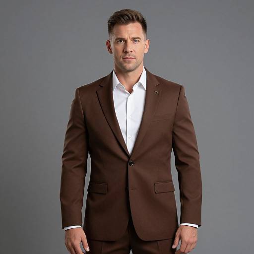 Photograph of a handsome, light-skinned man with short dark brown hair, wearing a brown suit, white shirt, standing against a gray background.