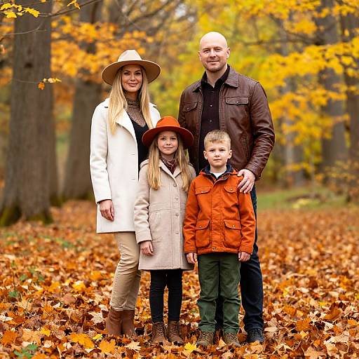 Photograph of a smiling family in autumn forest; mother in white coat and hat, father in brown jacket, daughter in orange hat, son in orange