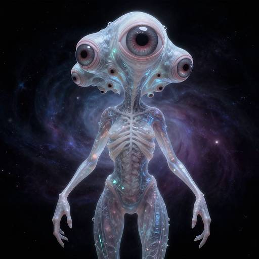 Photorealistic CGI of a transparent, skeletal alien with six large, round eyes on a glowing, ethereal head, set against a dark, star