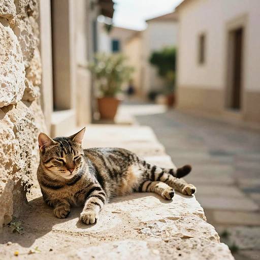 Photograph of a relaxed tabby cat with striped fur, lounging in sunlight on a stone ledge in a sunlit, narrow European alleyway.