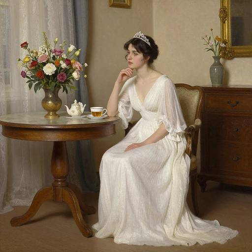 Photograph of a fair-skinned woman in a white, flowing, Victorian-style dress with a tiara, sitting by a wooden table with a floral