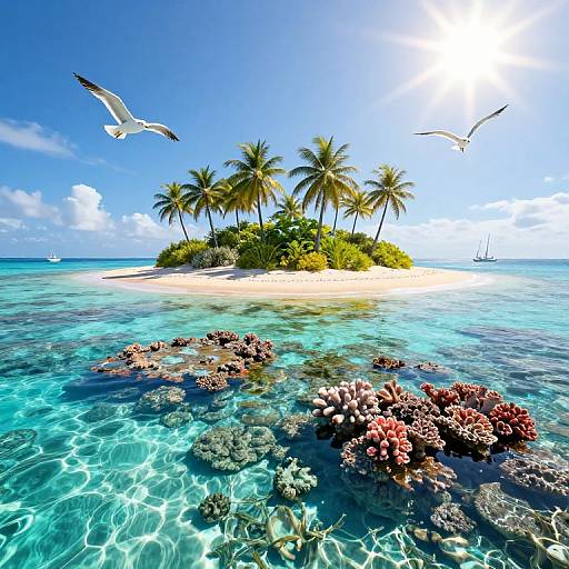 Photograph of a tropical island with palm trees, clear turquoise water, coral reefs, and two seagulls flying under a bright blue sky.