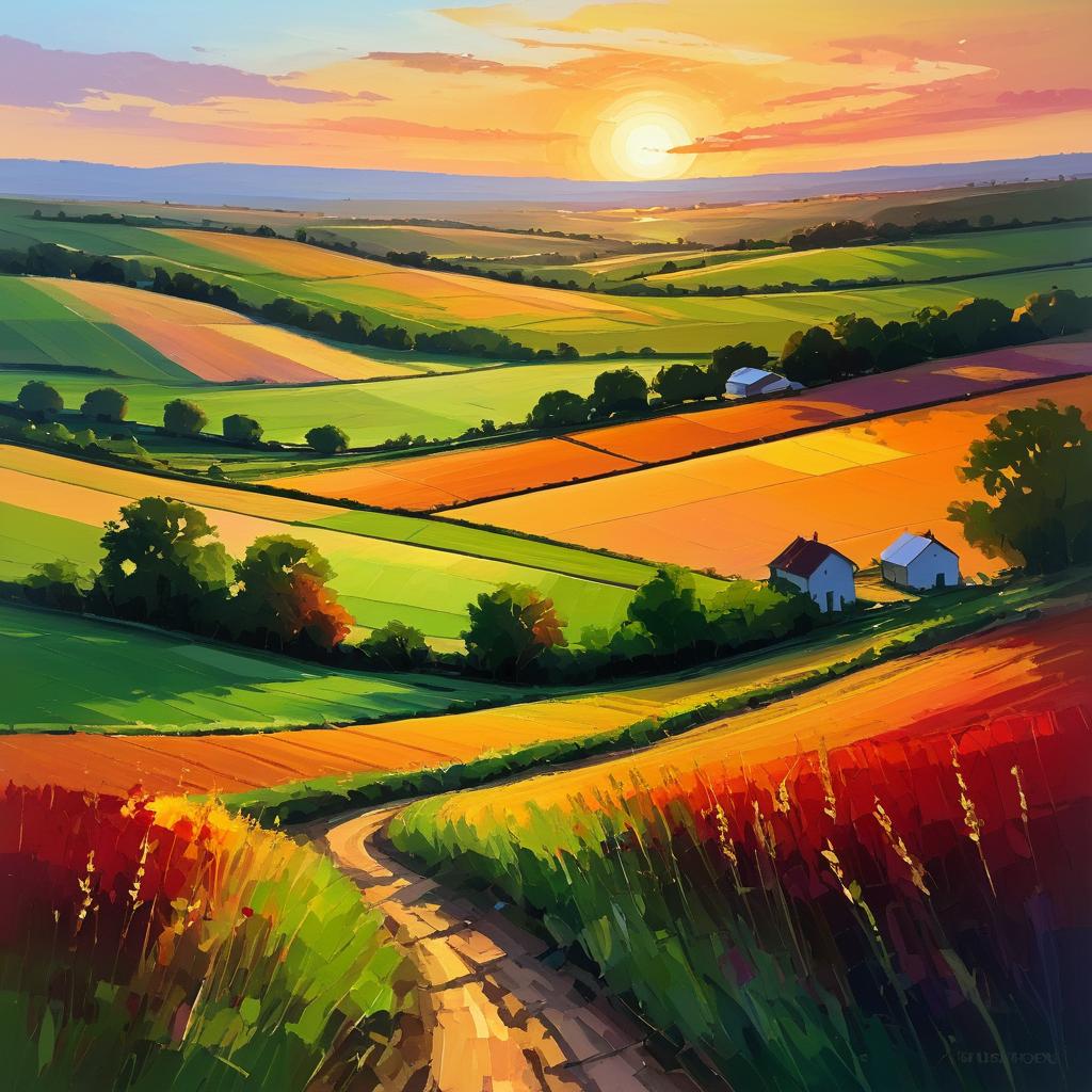 Vibrant Countryside Sunset Oil Painting