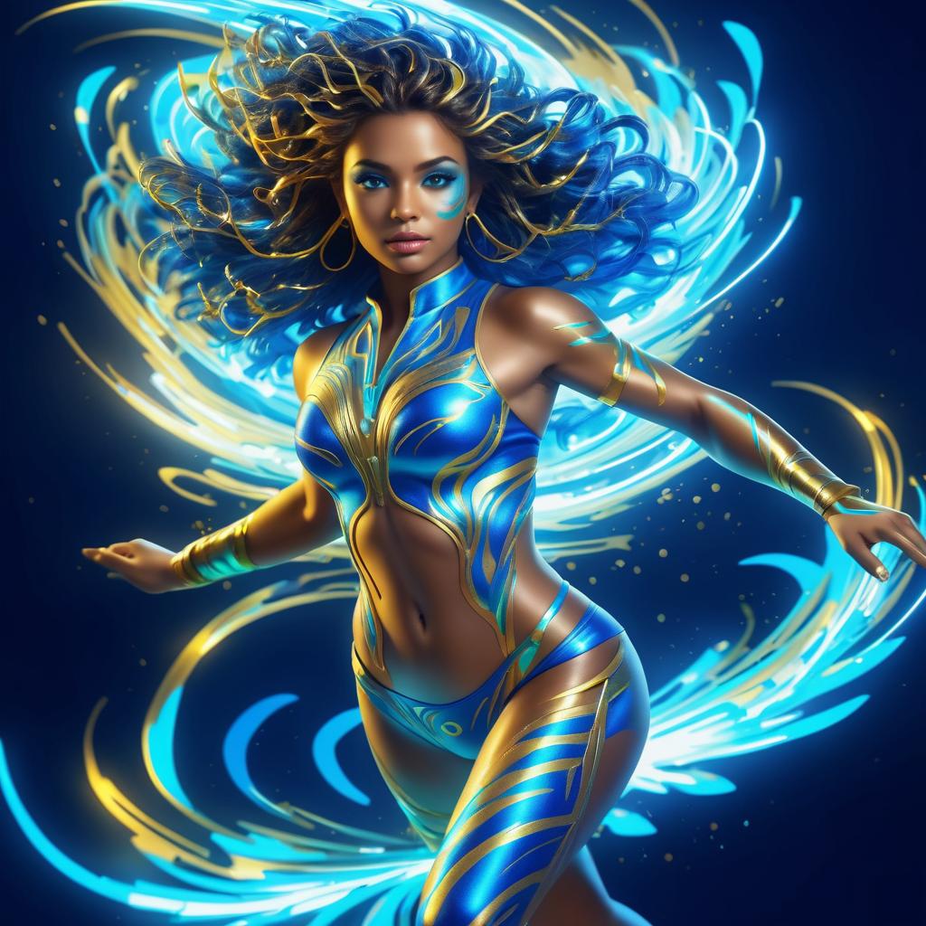 Vibrant Azure Gold Running Woman Art