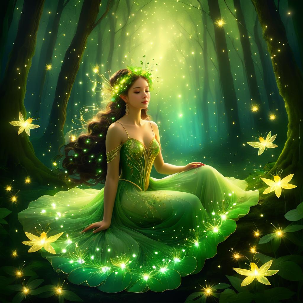 Enchanting Forest Nymph with Glowing Fireflies