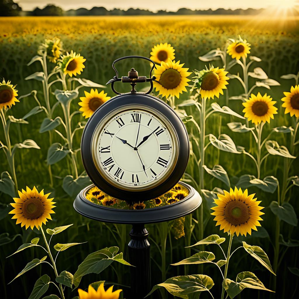 Vintage Clock Amidst Sunflowers in Meadow