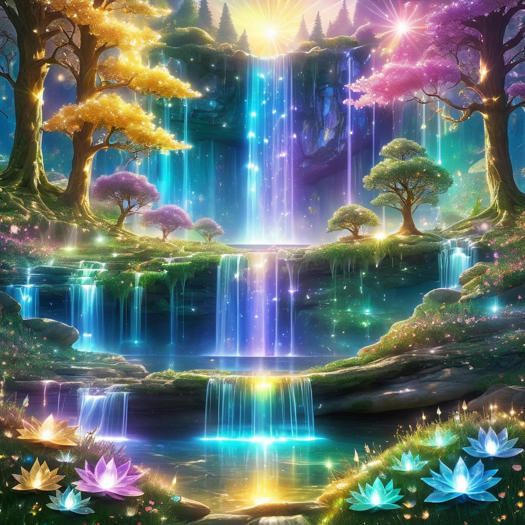 Enchanting Crystal Waterfall in Glowing Meadow