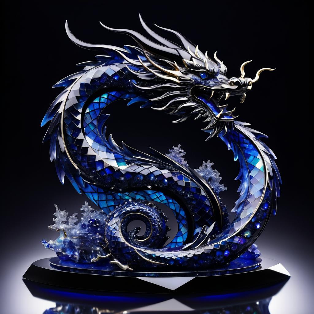 Obsidian Dragon Statue with Sapphire Details