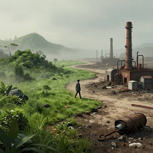 Photorealistic digital artwork: lone figure walking on dirt path through lush greenery, leading to rusted industrial plant with chimneys in misty,