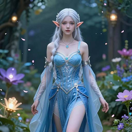 CGI fantasy image of an ethereal elf woman with silver hair, pointed ears, and blue, shimmering gown, walking through a magical forest garden