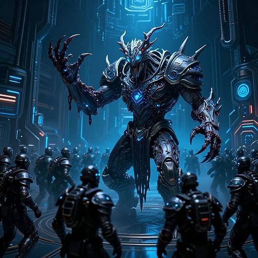 Digital artwork of a towering, armored, blue-eyed monster with glowing blue accents, surrounded by a circle of futuristic, helmeted soldiers in a neon-l