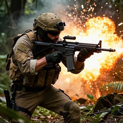 Photograph of a male soldier in camouflage gear, helmet, and gloves, aiming a rifle at an intense orange explosion in a forest.