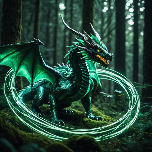 Glowing Emerald Dragon in Enchanted Forest Glowing Emerald Dragon in Enchanted Forest