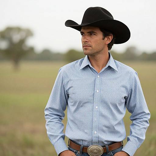 Photograph of a serious-looking man in a black cowboy hat, light blue checkered shirt, and brown belt with a large silver buckle, standing in