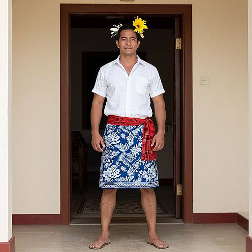 Photograph of a man standing in a doorway, wearing a white shirt, blue floral kilt, red sash, yellow flower headpiece, and