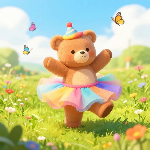 Digital illustration of a cheerful brown teddy bear in a colorful tutu and party hat, dancing in a vibrant, flower-filled meadow with two butterflies