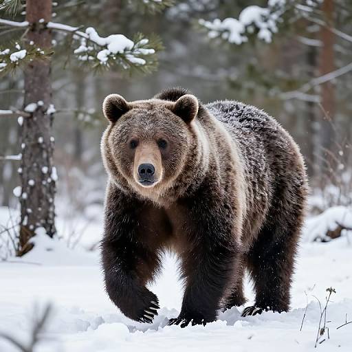 Photograph of a large brown bear standing in a snowy forest, with snow-covered pine trees in the background. Bear's fur is thick and dark brown