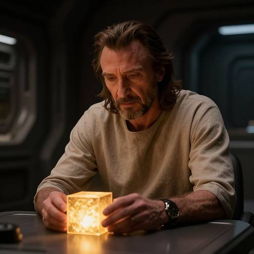 Photograph of a serious, middle-aged man with long brown hair and beard, wearing a beige shirt, holding a glowing, textured cube in a dim