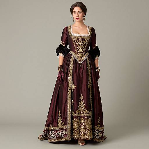 Photograph of a woman in a detailed, dark purple, Renaissance-style gown with gold embroidery, black lace cuffs, and matching gloves. She stands against