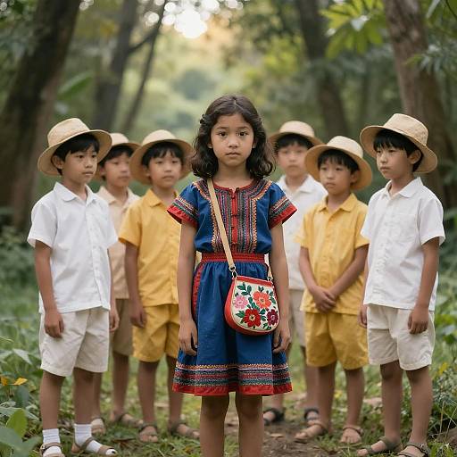 Group of children in forest with girl in traditional dress