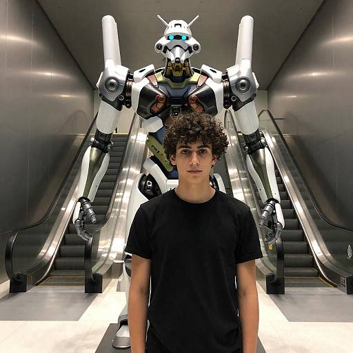 Man in Modern Metallic Room with Sculpture