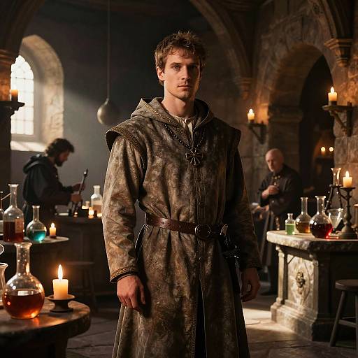 Photograph of a serious young man in a medieval-style brown robe with a belt, standing in a dimly lit, candle-lit alchemist's