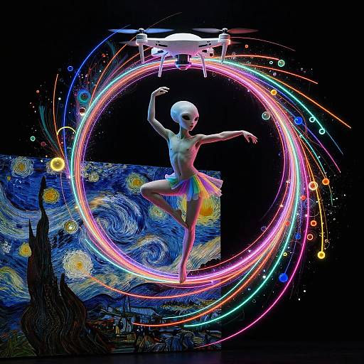 Alien Dance in Neon Fibonacci Spiral