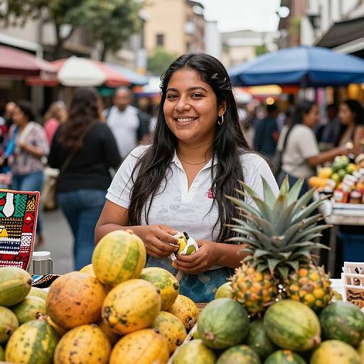 Photograph of smiling Indian woman with long black hair, wearing white shirt, standing at busy outdoor market stall with pineapples, mangoes, and