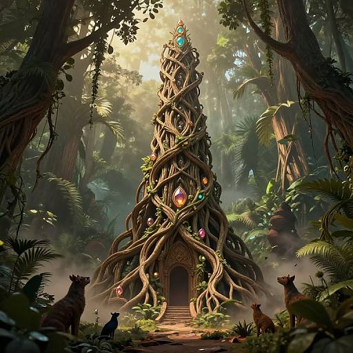 Digital fantasy artwork of a forest temple with twisted, vine-covered architecture adorned with glowing orbs, surrounded by misty trees and sitting cats.