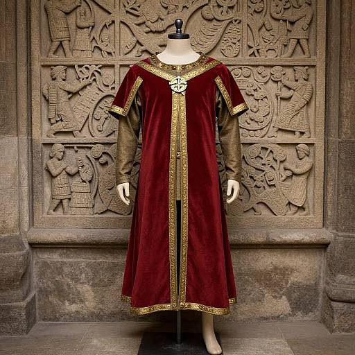 Photograph of a medieval-style mannequin in a rich red velvet robe with gold trim, standing in front of an intricately carved stone wall.