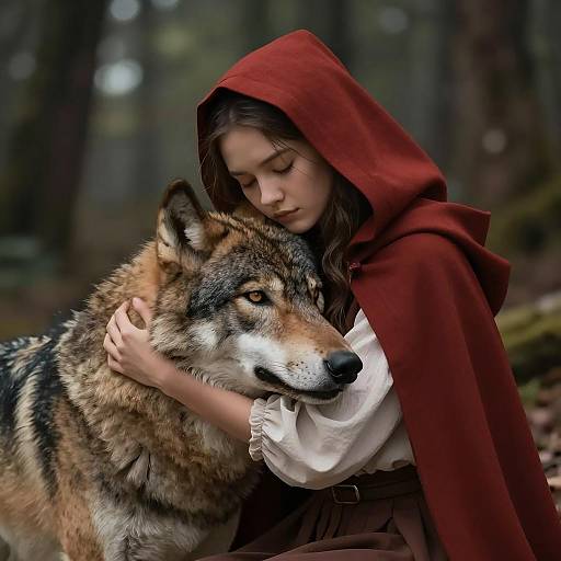 Young Woman Hugging Large Wolf in Forest