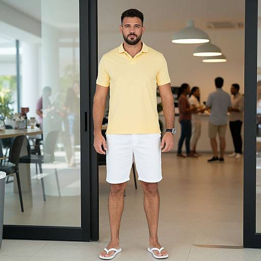 Man in Yellow Polo Shirt and White Shorts Standing Indoors