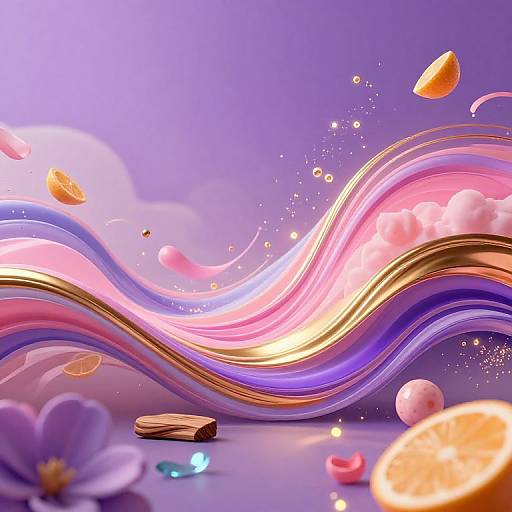Digital artwork of swirling pink, purple, and gold waves with floating orange slices, petals, and a purple flower on a purple background.