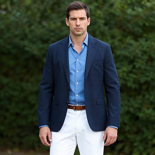 Photograph of a handsome man with short dark hair, wearing a navy blazer, light blue shirt, white pants, and brown belt, standing against
